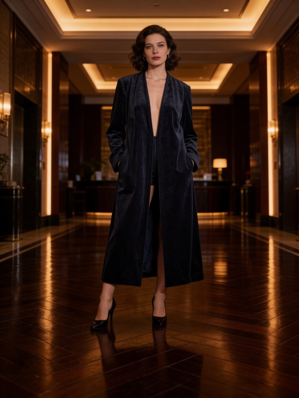 Elvi Deep Navy Velvet Long Trench Coat